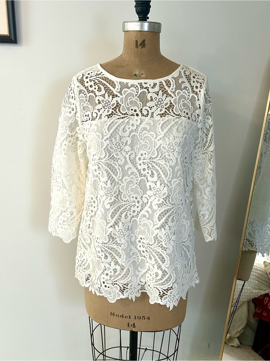 J. Jill Tops - J. Jill Ivory Floral Lace 3/4 Sleeve Blouse Sz M NWT
